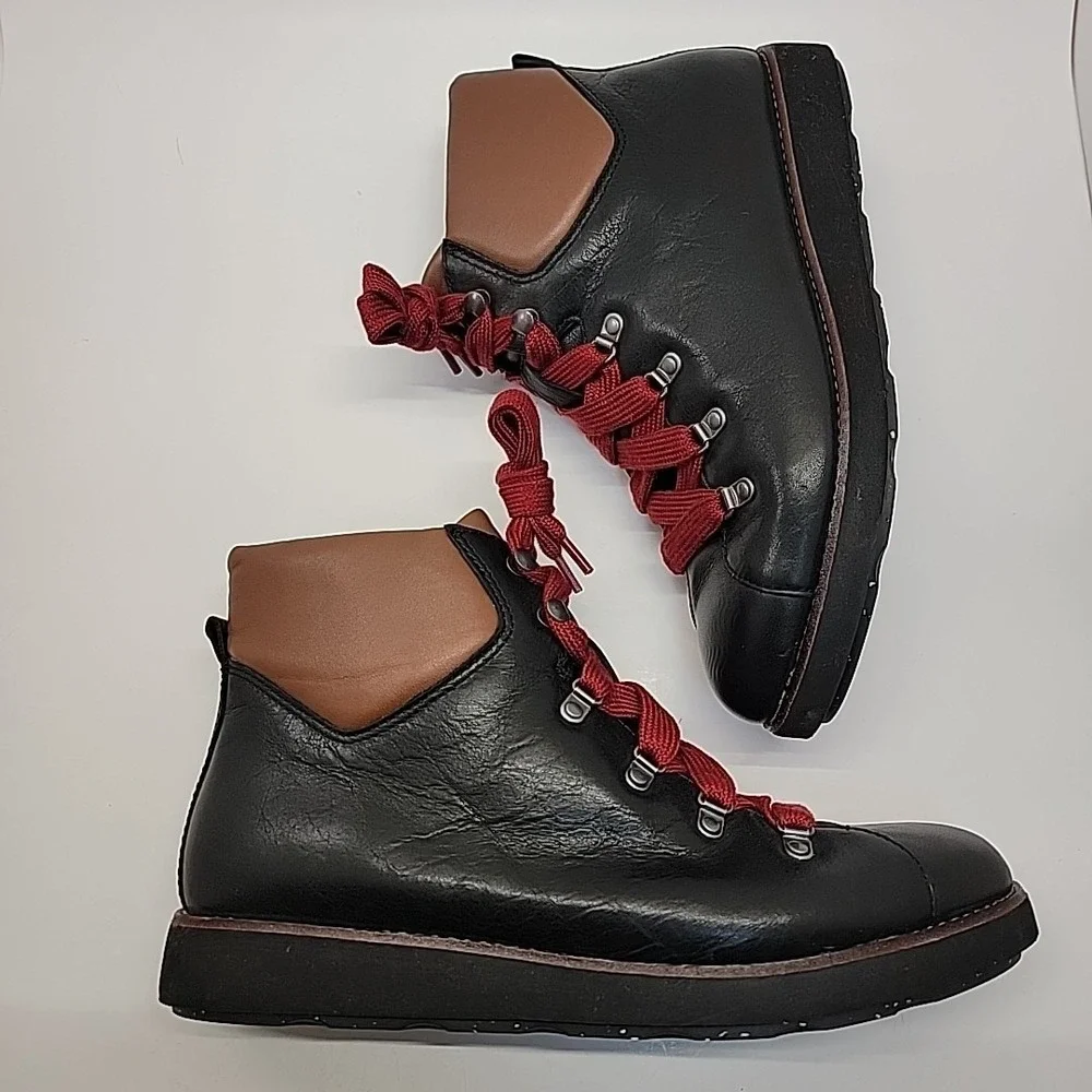 BIONICA Natick Ankle Boots Women 10M Hiking LaceUp Black Brown Leather Red Laces